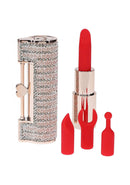 Loveline Angel Lipstick Vibrator with red lipstick and accessories in a sparkly case.