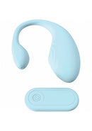 Loveline Wave C Shape Vibrator Blue and remote controller on a white background.