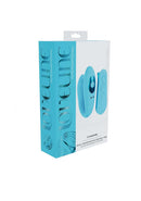 Loveline Charme Dual Motor Vibrator Blue packaging displayed, featuring a sleek blue design and control buttons.