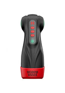Masturs Raven Shadow Sinner Multi Function Masturbator featuring suction and vibration controls, sleek black and red design.