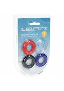 Levelz Colored Cock Rings Set of 4 packaging showing red, black, blue, and clear rings for enhanced performance.