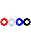 Levelz Colored Cock Rings Set of 4 in red, white, blue, and black colors for enhanced performance and comfort.