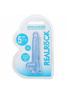 RealRock Crystal Clear Realistic Dildo Blue with Balls 5 inch packaging showing the product and features.