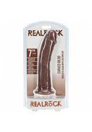 RealRock Realistic Skin Curved Dildo 7 inch Brown in packaging showcasing its lifelike design and curved shaft.
