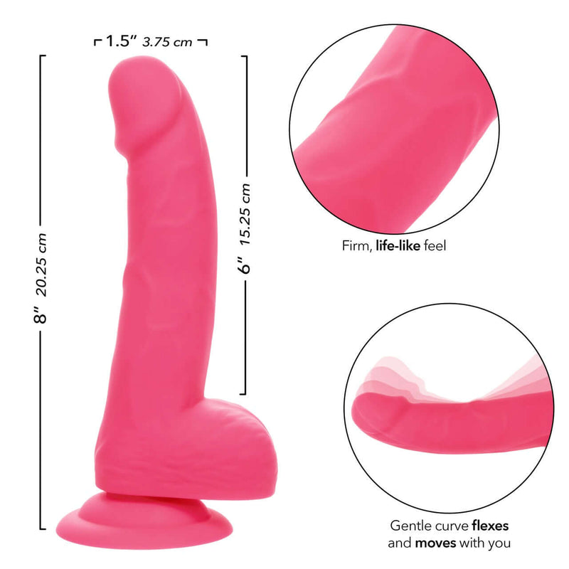 Neon Silicone Studs 6 Inch Pink with firm, lifelike feel and flexible, gentle curve for vibrant pleasure, 20.25 cm long, 3.75 cm wide