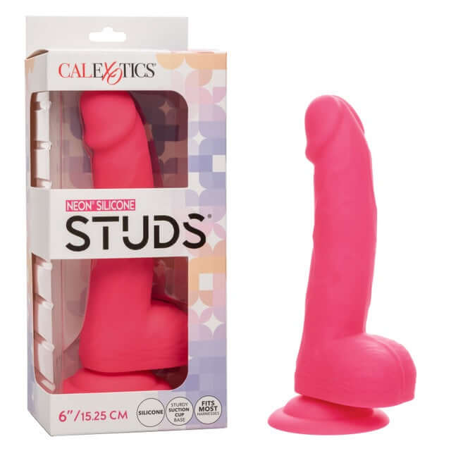 Neon Silicone Studs 6 Inch Pink Vibrator, lifelike pleasure toy in striking pink hue, featuring realistic design and firm feel for satisfaction.