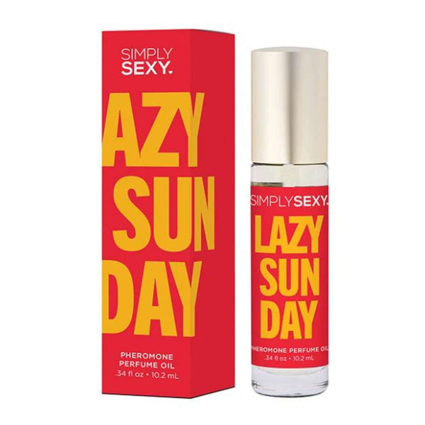 Simply Sexy "Lazy Sunday" Pheromone Perfume Oil Roll On with vibrant red packaging featuring bold yellow lettering.