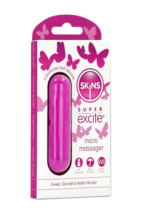 Skins Super Excite Rechargeable Pink Bullet Vibrator in packaging with 10 vibrating functions by Creative Conceptions