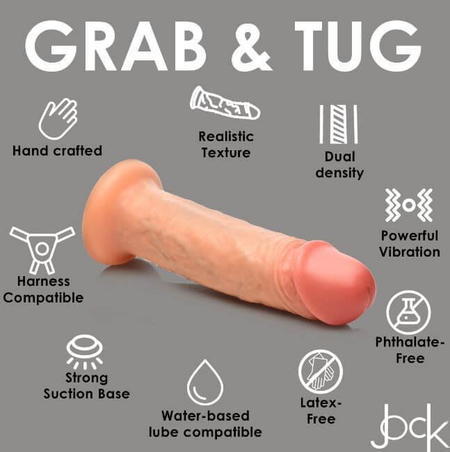 JOCK Real Skin 8” Vibrating Silicone Dildo - Ultra Realistic Dual Density, Suction Cup Base