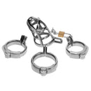 Master Series Detained Zinc Alloy Chastity Cage Grey with metal rings for effective chastity play and control.