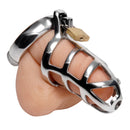 Master Series Detained Zinc Alloy Chastity Cage Grey on a model, showcasing its compact design and secure lock.