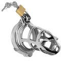 Master Series Detained Zinc Alloy Chastity Cage Grey showcasing a sleek design with padlock and key.