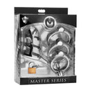 Master Series Detained Zinc Alloy Chastity Cage Grey packaging with devices and lock for chastity play.