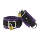 Strict Leather Purple and Black Deluxe Locking Ankle Cuffs, stylish leather restraints with lockable closures.