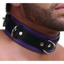 Strict Leather Deluxe Locking Collar Purple and Black on a model's neck, showcasing its design and colors.
