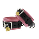 Strict Leather Pink and Black Deluxe Locking Ankle Cuffs, high-quality leather, adjustable restraint cuffs.