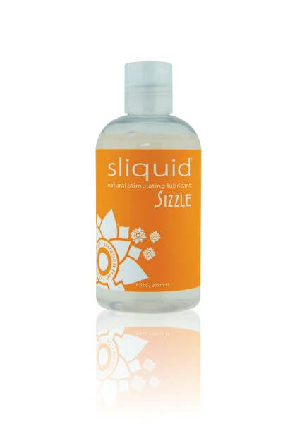 Sliquid Naturals Sizzle warming lubricant bottle 8.5 oz with orange label and floral design