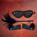 Sei Mio Strict Tease Ribbon Ties Blindfold & Tickler Kit with black silk ribbons, blindfold, and feather tickler.