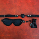 Sei Mio Sensory Surrender Blindfold Gag & Earplug Kit featuring a blindfold, adjustable gag, and earplugs.