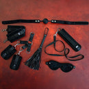 Sei Mio Delectable Domination Supreme Hog Tied Submissive Play bondage accessories set on a red background.