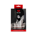 Sei Mio Hoodwinked And Kinked Deprivation Hood packaging featuring a model with a blackout hood.