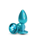Rear Assets Chrome Anal Plug Small Teal with iridescent aluminum and stunning blue gem accent.