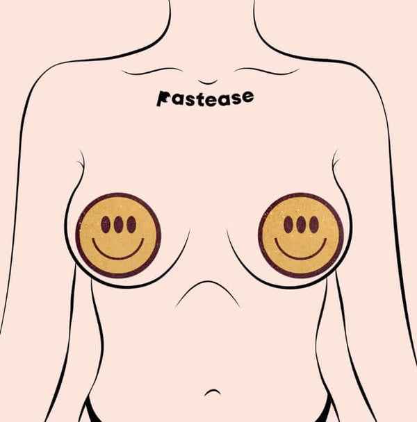 Woman wearing Pastease glitter velvet trippy smiley face pasties, perfect for adding style and happiness to summer festival outfits