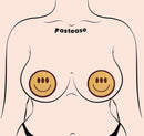 Woman wearing Pastease Trippy Smiley Face Pasties made of glitter velvet, perfect for adding happiness and style to summer festival outfits.