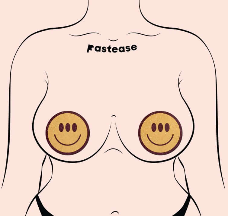 Woman wearing Pastease Trippy Smiley Face Pasties made of glitter velvet, perfect for adding happiness and style to summer festival outfits.