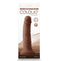 Chocolate silicone vibrating dildo in packaging, 7 inches long, with a lifelike design and suction cup base for hands-free play.