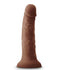 Chocolate silicone vibrating dildo with lifelike details and suction base for hands-free pleasure.