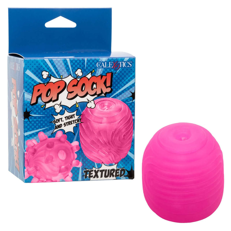 Pop Sock!™ Textured Pink reversible masturbator, soft and stretchy material, packaging with product on display.
