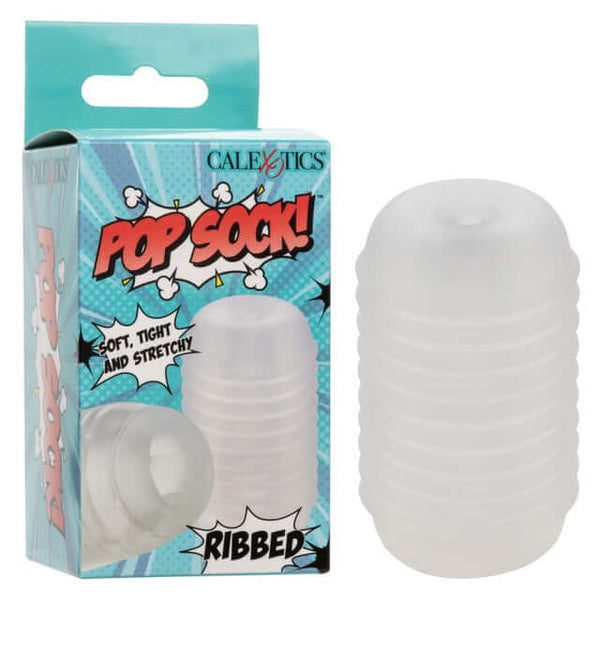 POP SOCK! Ribbed Clear Stroker packaging and product shown with soft, tight, and stretchy multi-textured design