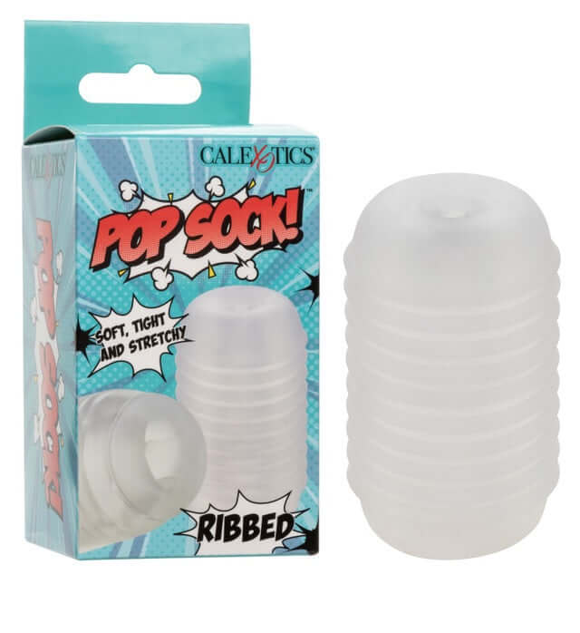 POP SOCK! Ribbed Clear Stroker packaging and product shown with soft, tight, and stretchy multi-textured design