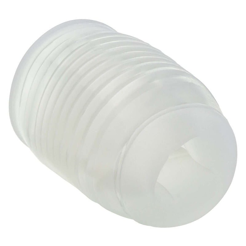 Clear ribbed stroker for multi-textured pleasure, made from soft, tight, and stretchy material, offering a snug and comfortable fit.