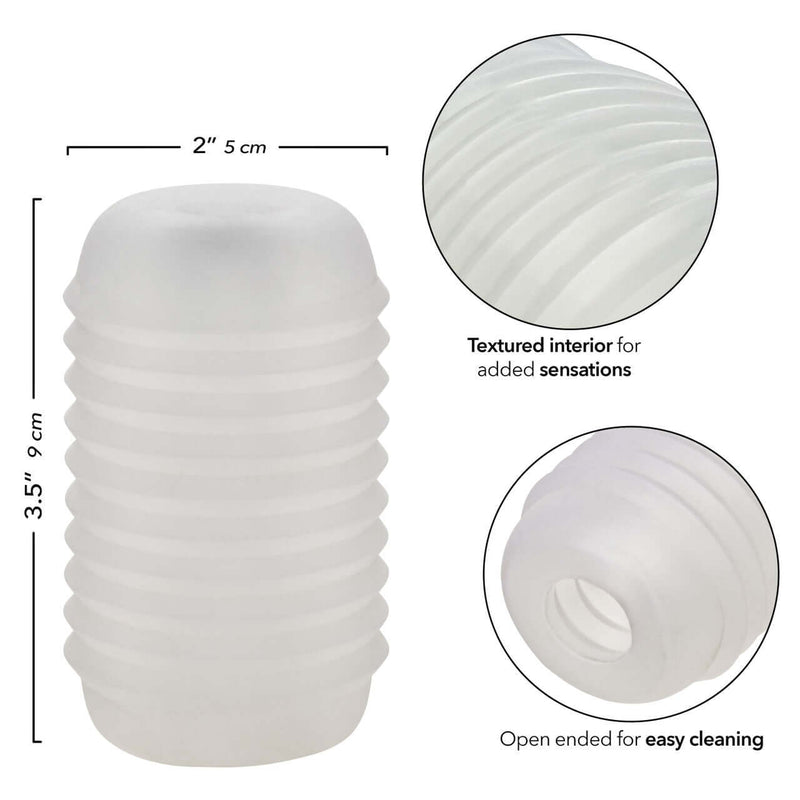 POP SOCK Ribbed Clear Stroker features textured interior for sensation and open end for easy cleaning. Dimensions: 2" x 3.5".