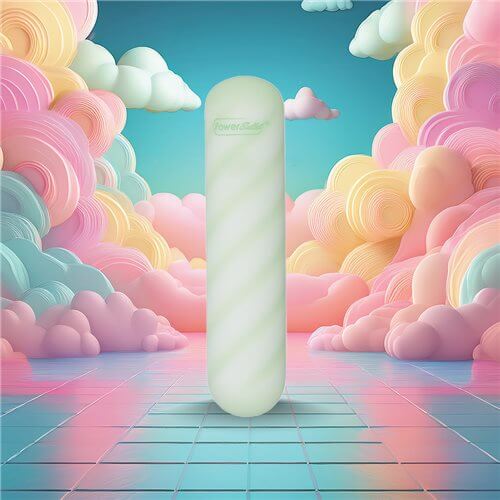Softies Dual Layer Vibrating Bullet 4 inches Green against a colorful fluffy cloud background.