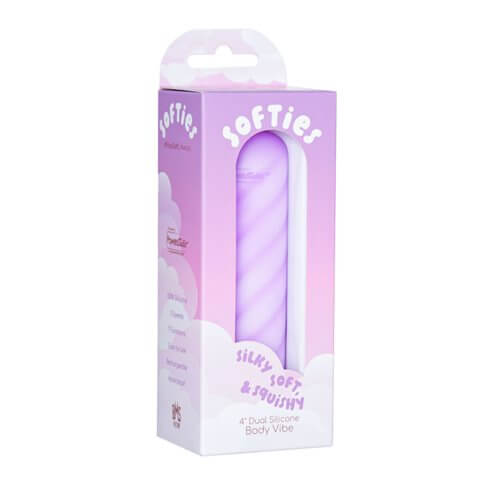 Softies Dual Layer Vibrating Bullet 4 inches Purple in a pastel packaging with text and product details.