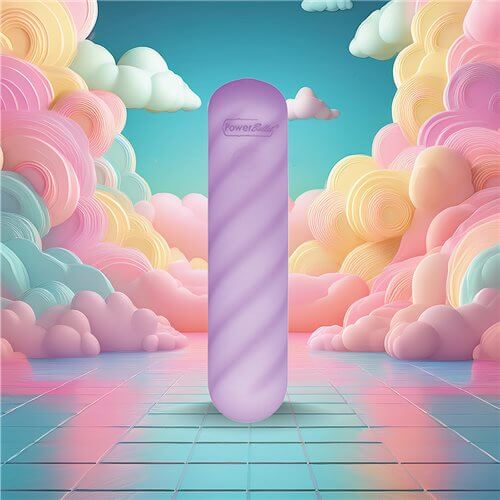 Softies Dual Layer Vibrating Bullet 4 inches Purple against a colorful cloud background.