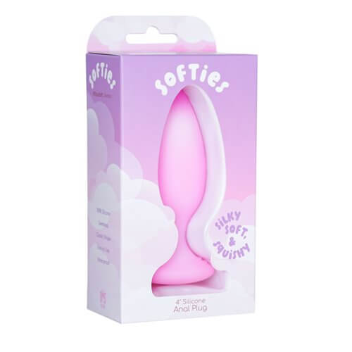 Softies Dual Layer Butt Plug 4 inches Pink packaging featuring soft silicone design.
