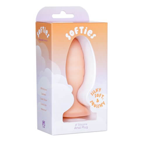 Softies Dual Layer Butt Plug 4 inches Orange packaging showcasing its silky, soft and squishy design.