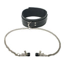 Master Series Coveted Collar and Clamp Union Black set featuring a faux leather collar and adjustable nipple clamps.