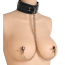 Master Series Coveted Collar and Clamp Union Black with faux leather collar and adjustable nipple clamps on mannequin.