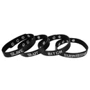 Strict Leather ID Collar Slut in Black shown with additional leather bracelets featuring words like Slave, Bitch, and Submissive.
