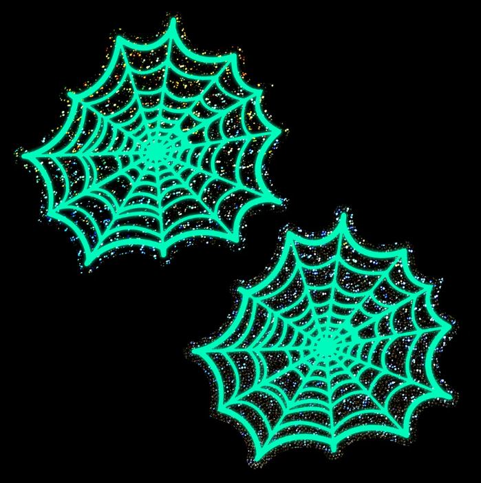 Glitter Black Glow in the Dark Spooky Spider Web Nipple Covers in glowing spider web design.