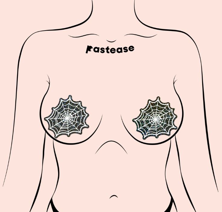 Glitter Black Glow in the Dark Spooky Spider Web Nipple Covers displayed on a female figure, showcasing a fun Halloween style.