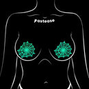 Glitter Black Glow in the Dark Spooky Spider Web Nipple Covers on a silhouette model by Pastease®