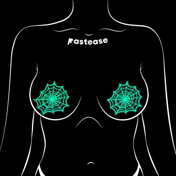 Glitter Black Glow in the Dark Spooky Spider Web Nipple Covers on a silhouette model by Pastease®