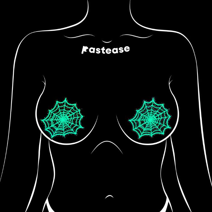 Glitter Black Glow in the Dark Spooky Spider Web Nipple Covers on a silhouette model by Pastease®