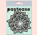 Glitter Black Glow in the Dark Spooky Spider Web Nipple Covers packaging by Pastease for Halloween costumes.